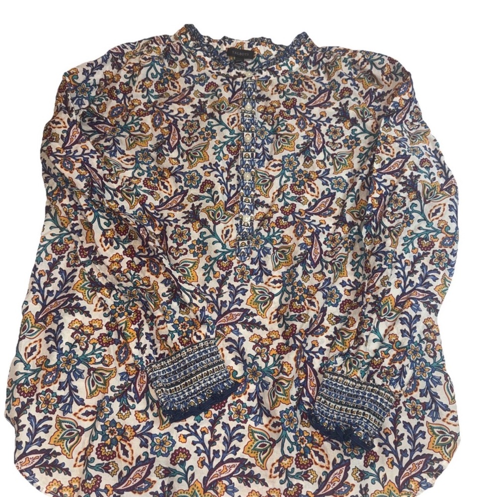 Talbots Cotton Floral Blouse Shirt M Blue Yellow Button Top